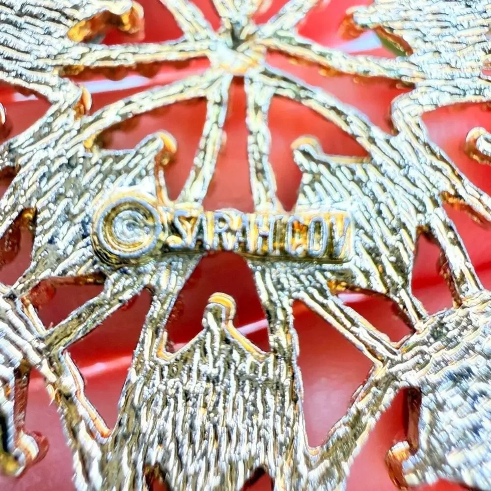 Vintage MCM Sarah Coventry Round Faux Jade Coral Brooch 1960s Costume Gold Tone